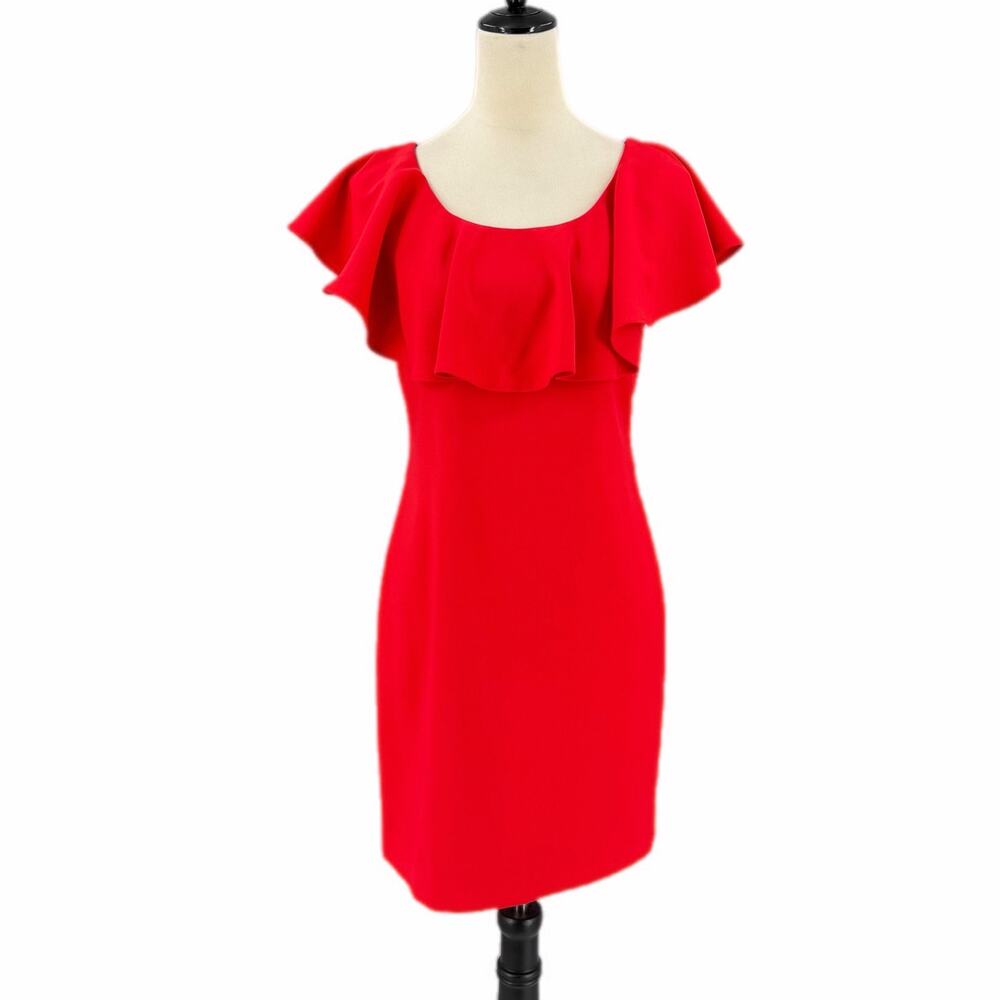 Tahari PETITE Bright Red Ruffle Neck Cocktail Vibrant Wedding Guest Chic Dress